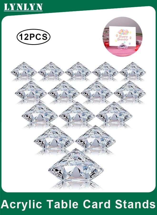 LYNLYN 12 Pack Diamond Place Card Holders, Crystal-Look Acrylic Table Number Card Stands with Wide Stable Base, Shiny Faceted Design for Weddings, Parties, Table Settings, Menus, Labels, Photos and Office Memos - Image 1
